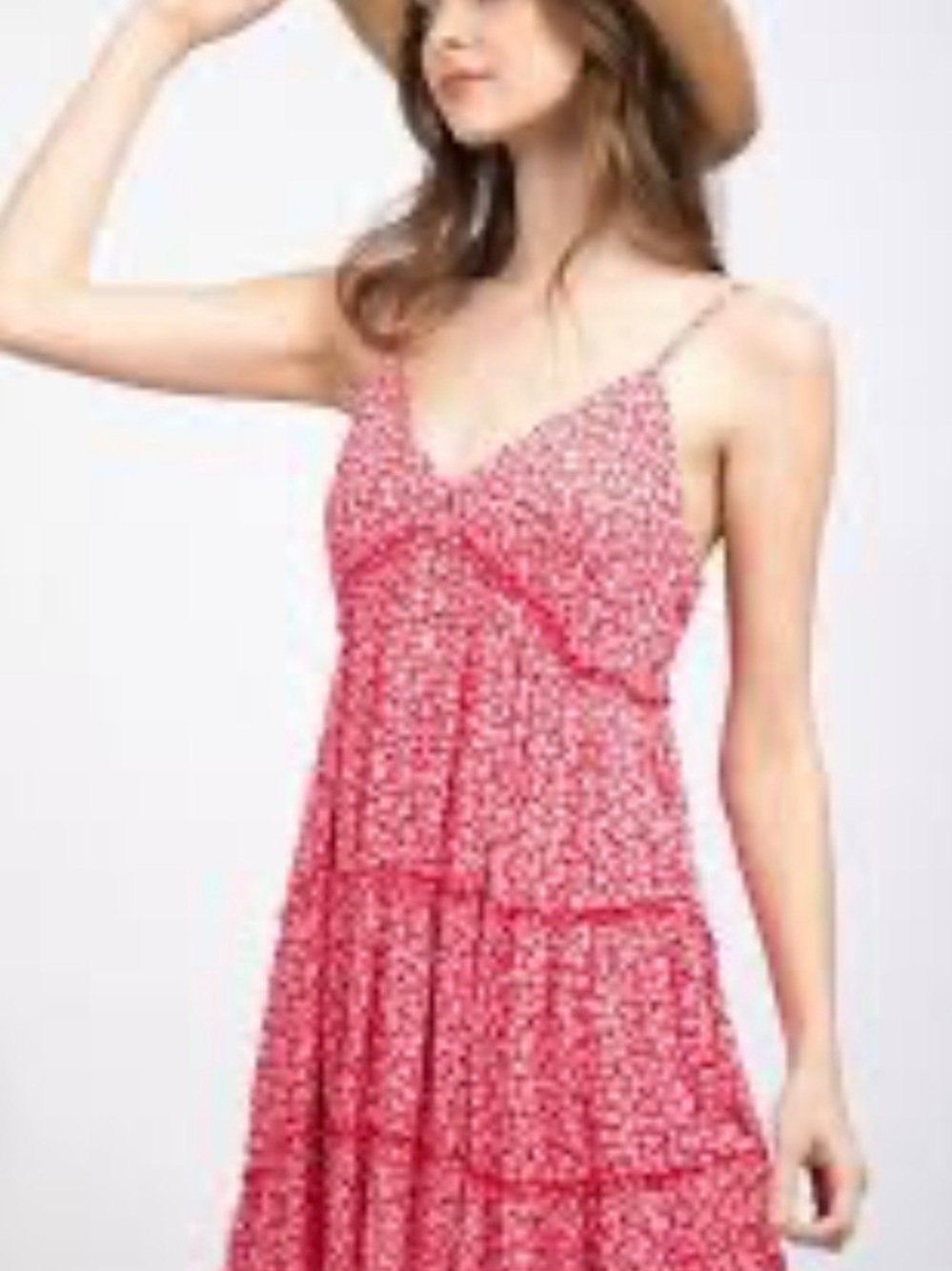 Spaghetti Strap Red Floral Tiered Dress